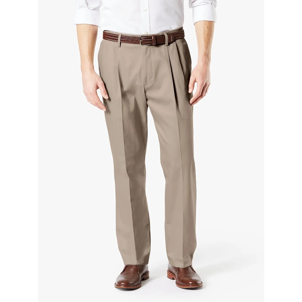 Dockers Premium Dress Pants Mens 38 X 32 Tan Pleated Relaxed Fit Cuffed Leg